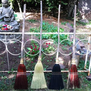 Peut inclure: Quatre balais avec des manches en bois naturel et des poils de diff&eacute;rentes couleurs. Les balais sont dispos&eacute;s en rang&eacute;e contre une cl&ocirc;ture en m&eacute;tal blanc. Les poils sont rouges, beiges, noirs et rouges.