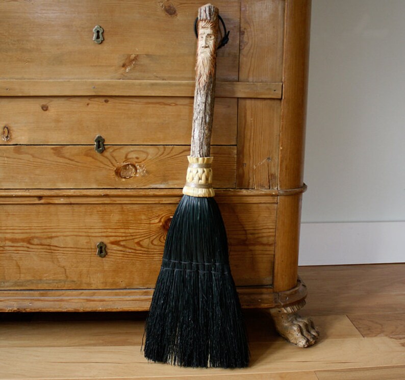 Hearth Broom With Hand Carved Stick Green Man Carving in Etsy