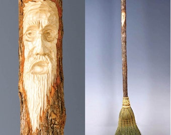 Kitchen Broom with Hand Carved Tree Spirit Functional Broom for the Kitchen Carved Broom with Wizard Face Perfect Wedding Gift Housewarming
