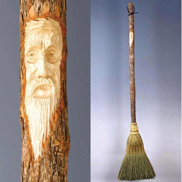 Kitchen Broom with Hand Carved Tree Spirit Functional Broom for the Kitchen Carved Broom with Wizard Face Perfect Wedding Gift Housewarming