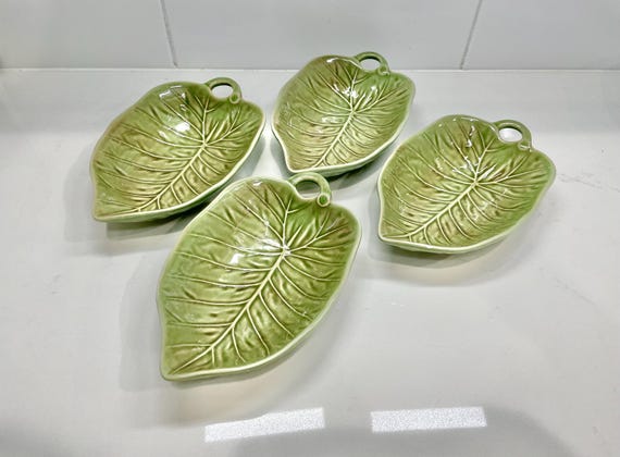 Bordallo Pinheiro Green Sunflower Leaf Plates. Crafted From Glazed