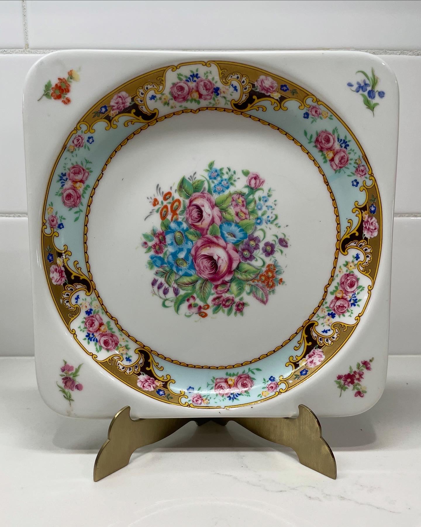 Vintage Limoges Floral Plate: DEPOS Blue, Pink & Orange, Gold Details