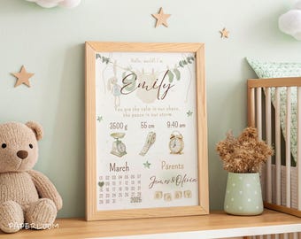 Personalized Baby Girl Birth Stats Poster – Custom Nursery Wall Art, Printable Digital Download, Name Date Weight Height