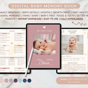 May include: Digital baby memory book with a pink and white cover featuring a baby girl. The book includes sections for pregnancy memories, birth details, monthly growth, first milestones, seasonal memories, family diary, baby's first foods and teeth, and a letter from parents. The book is fully hyperlinked and includes two cover styles and 20+ colours.