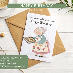 Tarjeta de cumpleaños imprimible para abuela, descarga instantánea, digital