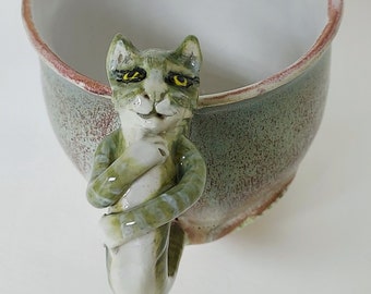 Charming Tabby Cat Mug in Brown and Green