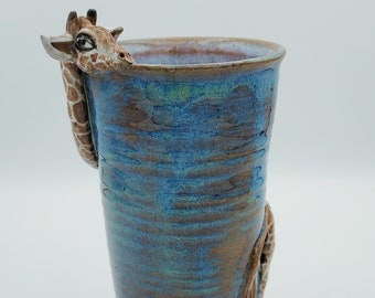 Elegant Giraffe Vase, Sculpted in Teal Blue