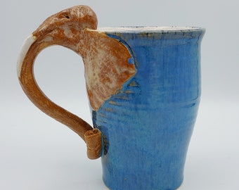 Elephant Mug Ganesha Ceramic Sculpture in Brown and Blue