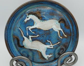 Two Horses Running Ceramic Dish in Denim Indigo Blue