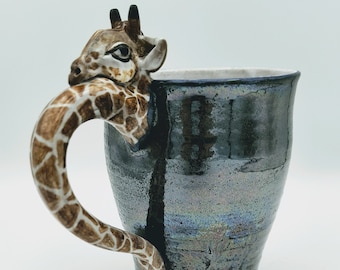 Giraffe Mug, Iridescent Metallic Glazed Sculpted Ceramic
