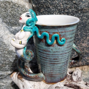 Mermaid Mug with 2 Handles in White and Blues Sculpture image 1