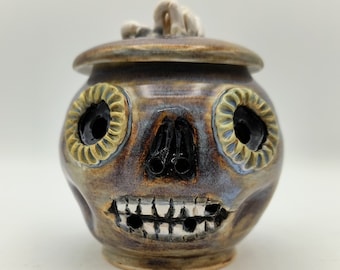 Garlic Keeper Jar, Happy Skull in Blue and Brown