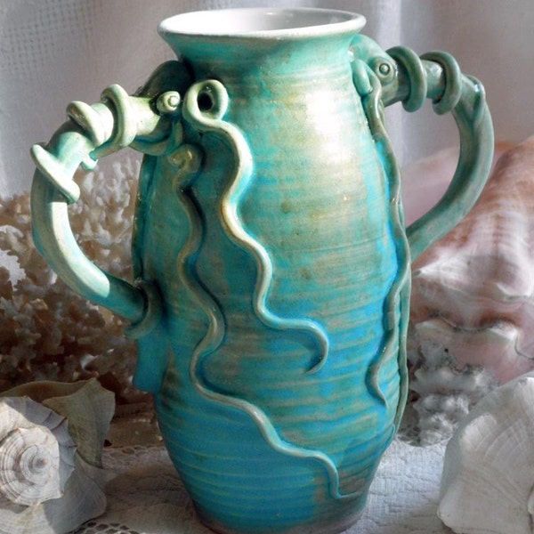 Vase Squid Urn SALE- Turquoise with 2  Handles- Spectacular (was 128)