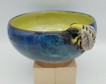 Honey Bee Bowl in Blue, Yellow and Rustic Red Clay