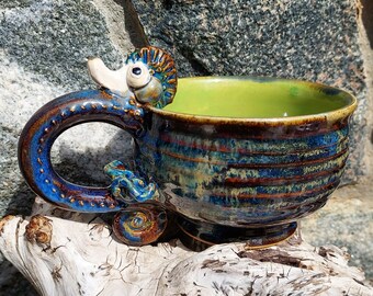 SALE- Seahorse Mug in Rich Brown, Gold and Green Stoneware