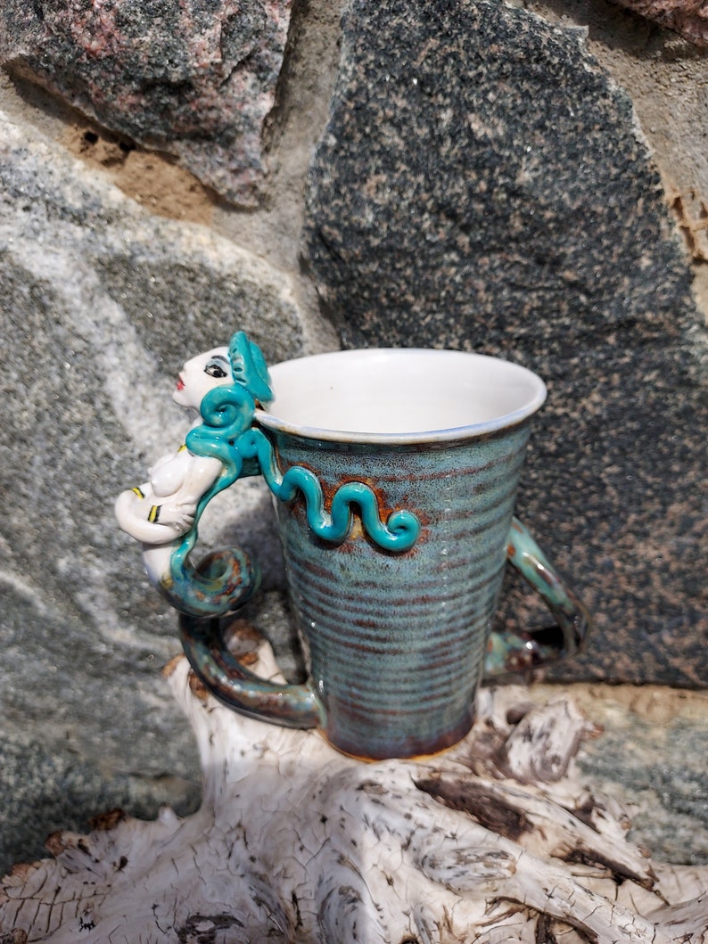 Mermaid Mug with 2 Handles in White and Blues Sculpture image 5
