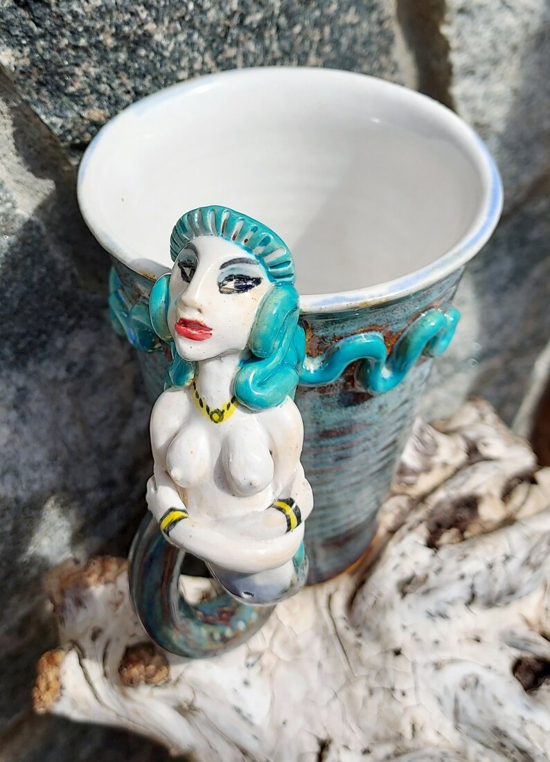 Mermaid Mug with 2 Handles in White and Blues Sculpture image 2