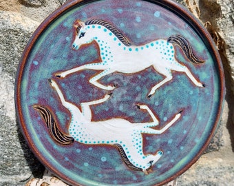 White Horses Plate in Teal, Running Horses