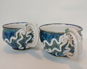 Set of Squid Octopus Mugs in White and Ocean Blue