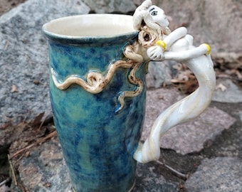 Tall Teal Mermaid Mug with 2 Handles