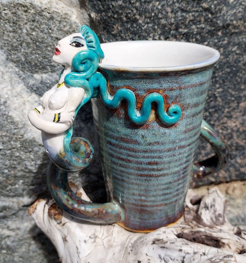 Mermaid Mug with 2 Handles in White and Blues Sculpture image 1