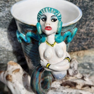 Mermaid Mug with 2 Handles in White and Blues Sculpture image 3