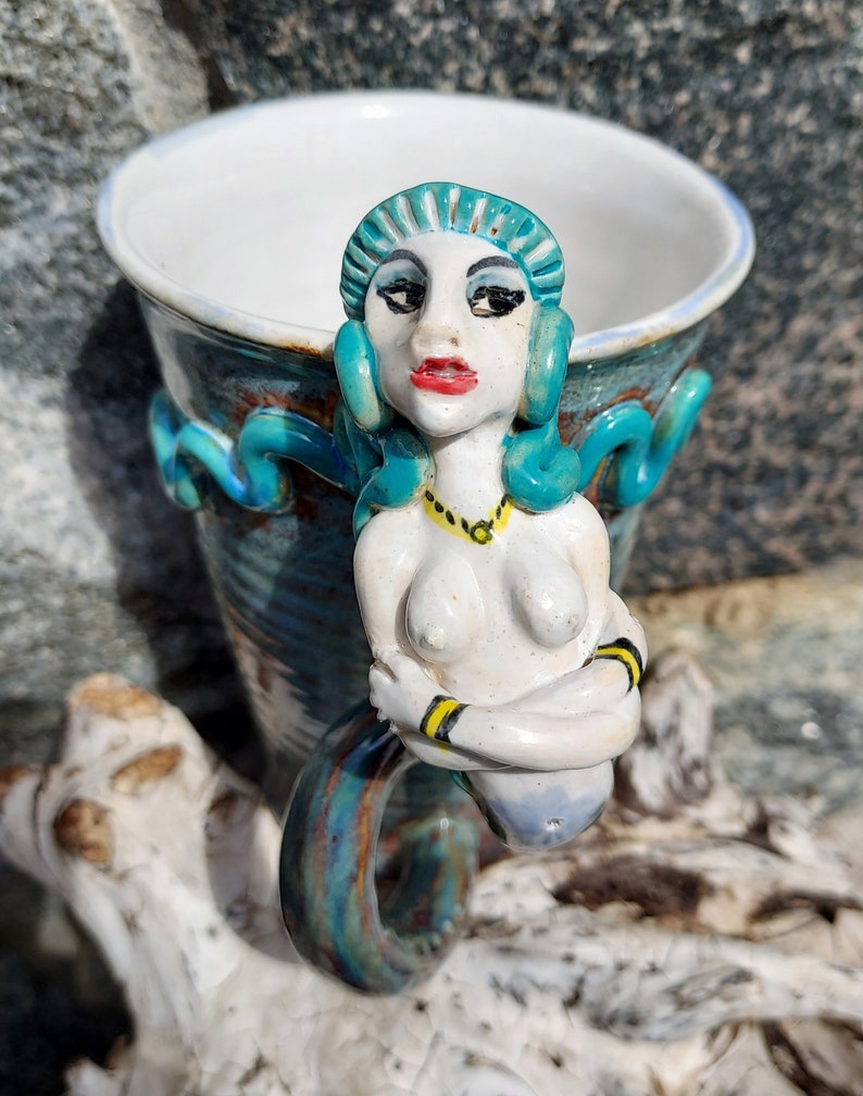 Mermaid Mug with 2 Handles in White and Blues Sculpture image 3