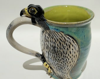 Peregrine Falcon Hawk Mug, Raptor in Turquoise Green Ceramic