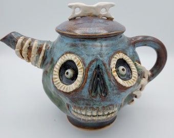 Skull Teapot in Turquoise, White and Brown, Large Sculpted