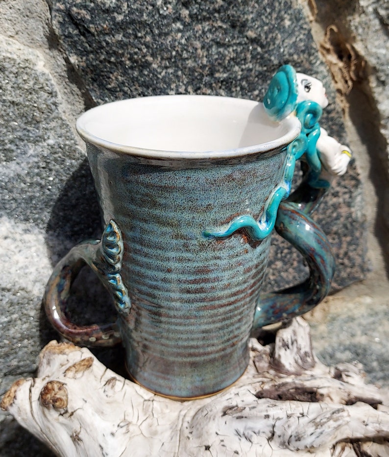Mermaid Mug with 2 Handles in White and Blues Sculpture image 4