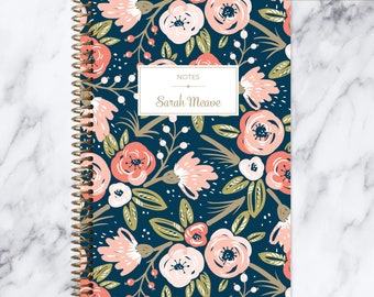 bullet journal NOTEBOOK | personalized journal | travel journal | dot grid notebook | lined | spiral notebook | navy watercolor floral