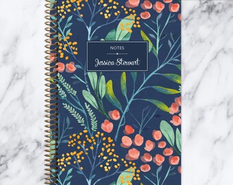 bullet journal NOTEBOOK | personalized journal | travel journal | dot grid notebook | lined | spiral notebook | navy watercolor floral