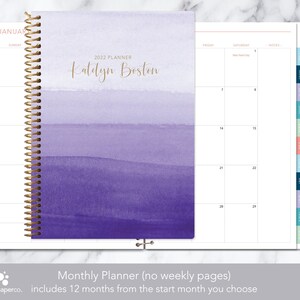 blue watercolor stripes 2021 2022 no weekly view MONTHLY PLANNER 12 month calendar monthly tabs personalized choose your start month