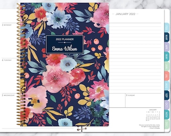 2022 planner weekly planner | 12 month calendar | add monthly tabs student planner | personalized agenda | navy blue pink watercolor floral