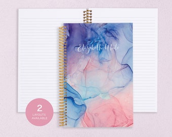 personalized NOTEBOOK | dot journal | travel journal | dot grid notebook | lined | spiral notebook | blue pink flowing ink