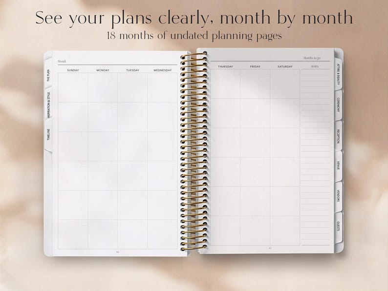 May include: An open, spiral-bound planner with a gold coil and white pages. The planner is open to a monthly spread with grid lines for each day of the week. Text at the top reads "See your plans clearly, month by month" and "18 months of undated planning pages."