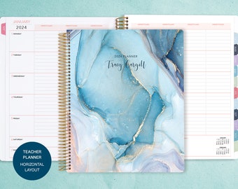 teacher planner 8.5x11 | 2024-2025 personalized teacher planner | large weekly teacher planner | aqua gold abstract ink