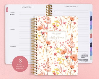 Personalized Planner 2024 - 12 Month Calendar - 6x9 Weekly Planner 2024-2025 - Custom Agenda - Gifts for Mom - Field Flowers Pink
