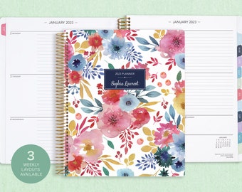 8.5x11 weekly planner  2024 2025 | choose your start month | 12 month calendar | LARGE WEEKLY PLANNER | white pink blue watercolor floral