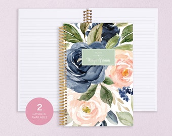 personalized NOTEBOOK | dot journal | travel journal | dot grid notebook | lined | spiral notebook | navy blush roses