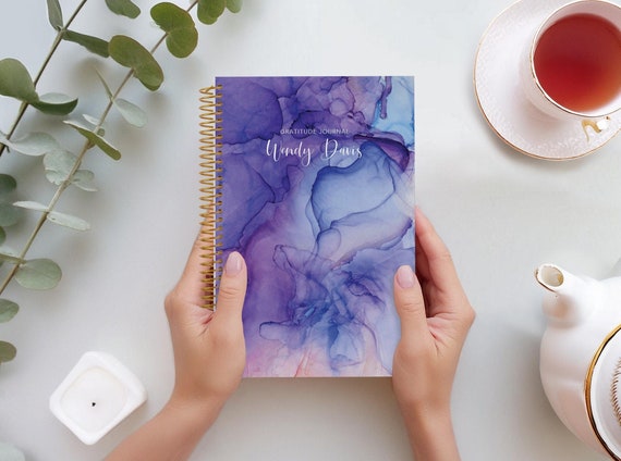DAILY GRATITUDE JOURNAL, Personalized Wellness Journal, Healing Journal, Mindfulness, Self Care, 6x9 Purple Blue Flowing Ink