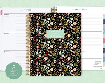 8.5x11 weekly planner  2024 2025 | choose your start month | 12 month calendar | LARGE WEEKLY PLANNER | black meadow floral