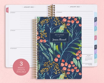 2024 planner | 2023-2024 calendar | weekly student planner add monthly tabs | personalized planner agenda daytimer | navy watercolor floral