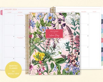 8.5x11 MONTHLY PLANNER notebook | 2024 2025 no weekly view | choose your start month | 12 month calendar | colorful florals pink