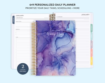 DAILY PLANNER - Personalized Productivity Planner - 2026 - 6x9 Hourly Planner - purple blue flowing ink - No Tariffs