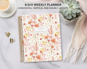 May include: A floral patterned 8.5x11 weekly planner with a gold coil binding. The planner has a white background with pink, orange, and yellow flowers. The text "2024 Planner" and "Danielle Ramirez" is printed on the cover.