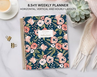 8.5x11 weekly planner  2026 2027 - custom start month - 12 month calendar - LARGE WEEKLY PLANNER - navy pink gold floral