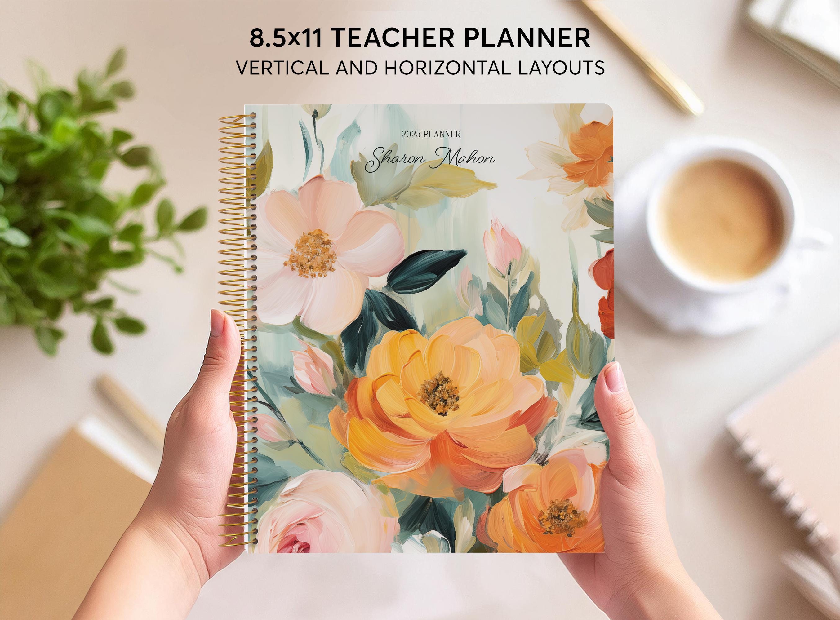 Planificador para profesores de 8,5 x 11 pulgadas / Calendario de lecciones 2025-2026 / Cuaderno de planificación personalizado para profesores / Blossom Dreams Naranja Verde