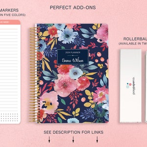 2025 Weekly Planner 6x9 12 Month Calendar Student Planner Personalized Planner Navy Blue Pink Watercolor Floral image 9