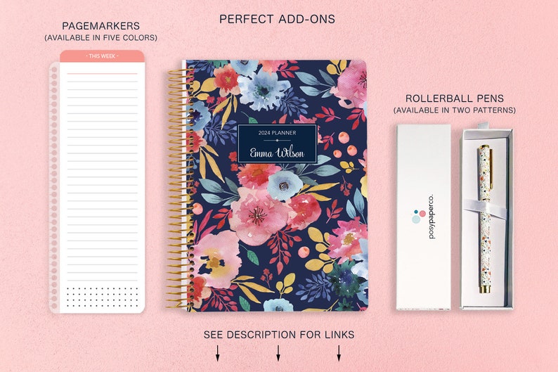 2025 Weekly Planner 6x9 12 Month Calendar Student Planner Personalized Planner Navy Blue Pink Watercolor Floral image 9